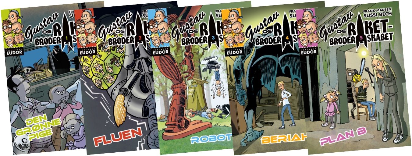 Opslag fra det næste bind i science-fiction-bogserien for børn, "Gustav og Raketbroderskabet". Sussi Bechs tegninger mangler endnu akvarelfarverne.