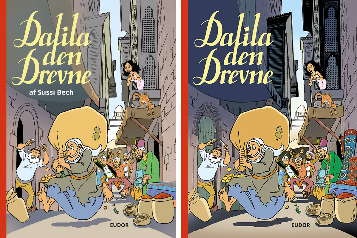 Til venstre: Forsiden på "Dalila den Drevne" 1. og 2. oplag. Til venstre: Forsiden på det nye 3. oplag.
