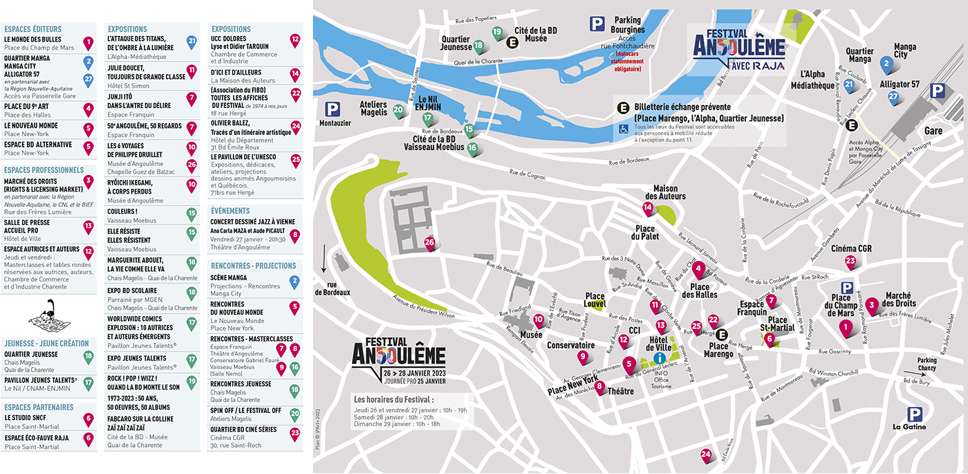 Kortet over Angoulême med årets aktiviteter giver et indtryk af, hvor omfattende festivalen er.